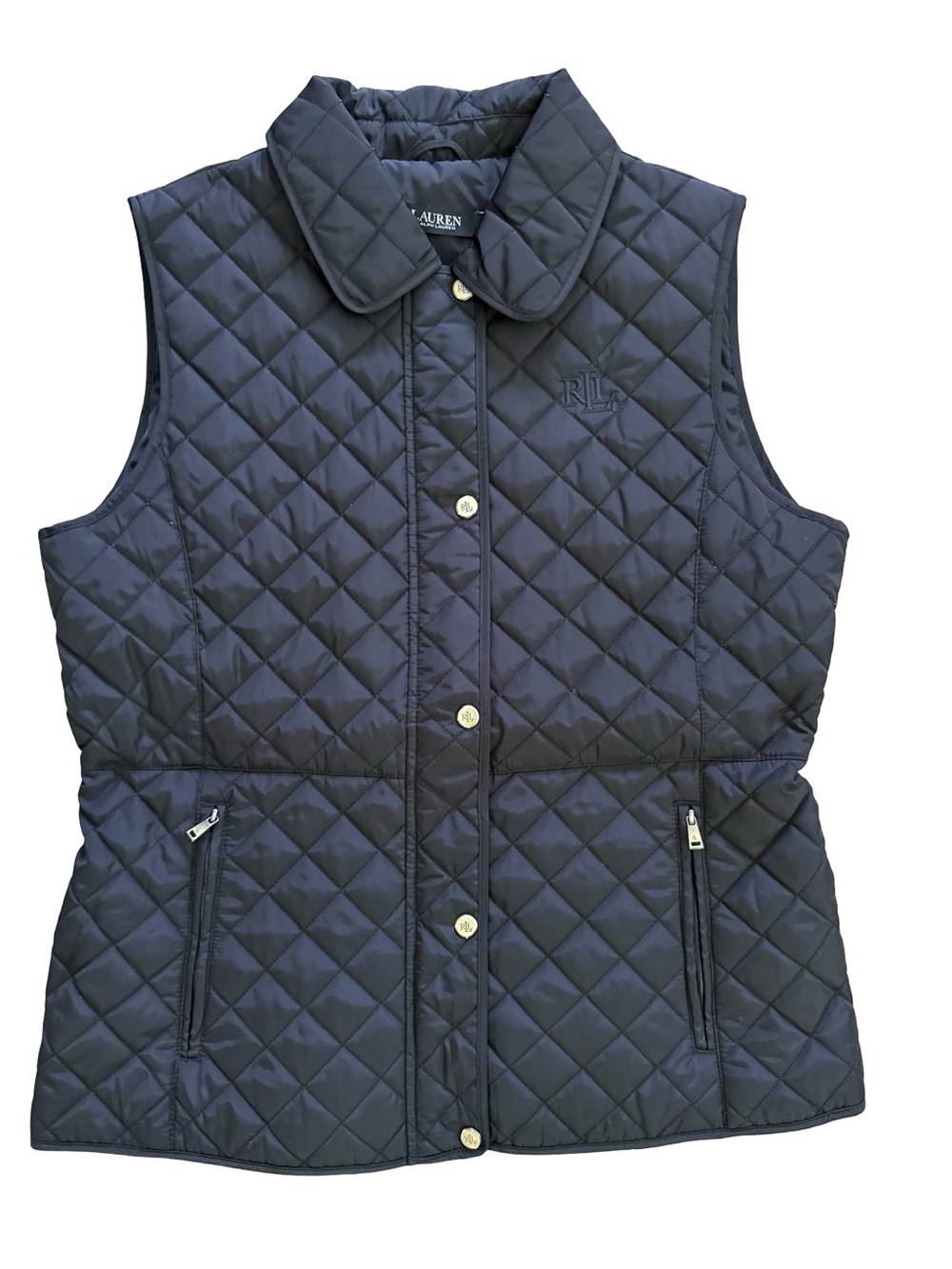 Lauren Ralph Lauren Black Quilted Puffer Vest Diamond Quilt Snap Front Women L